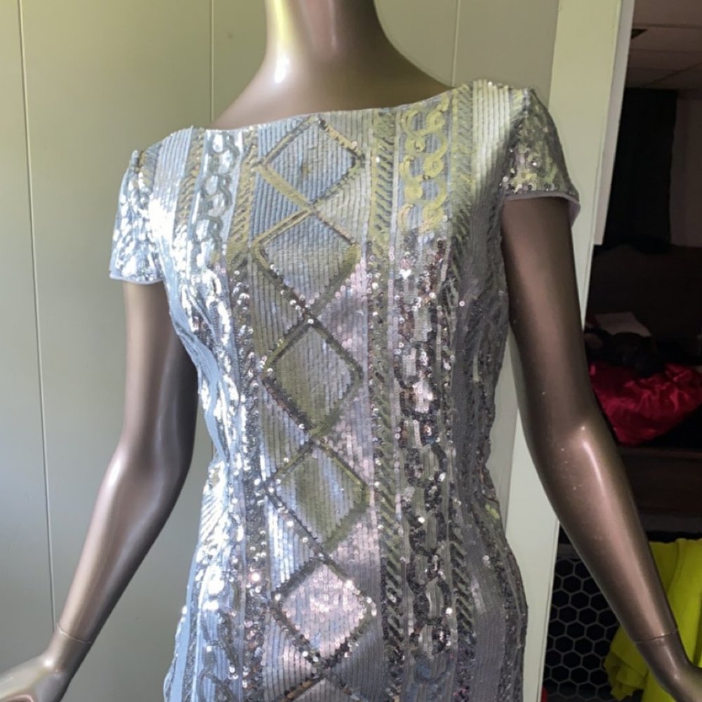 Adrianna Papell Silver Sequin Cocktail Dress